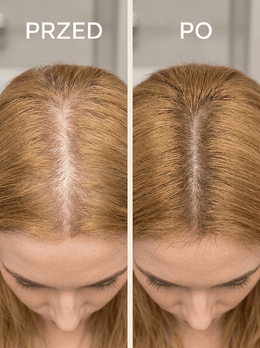 Przedziałek przed i po kuracji HAERU - włosy blond